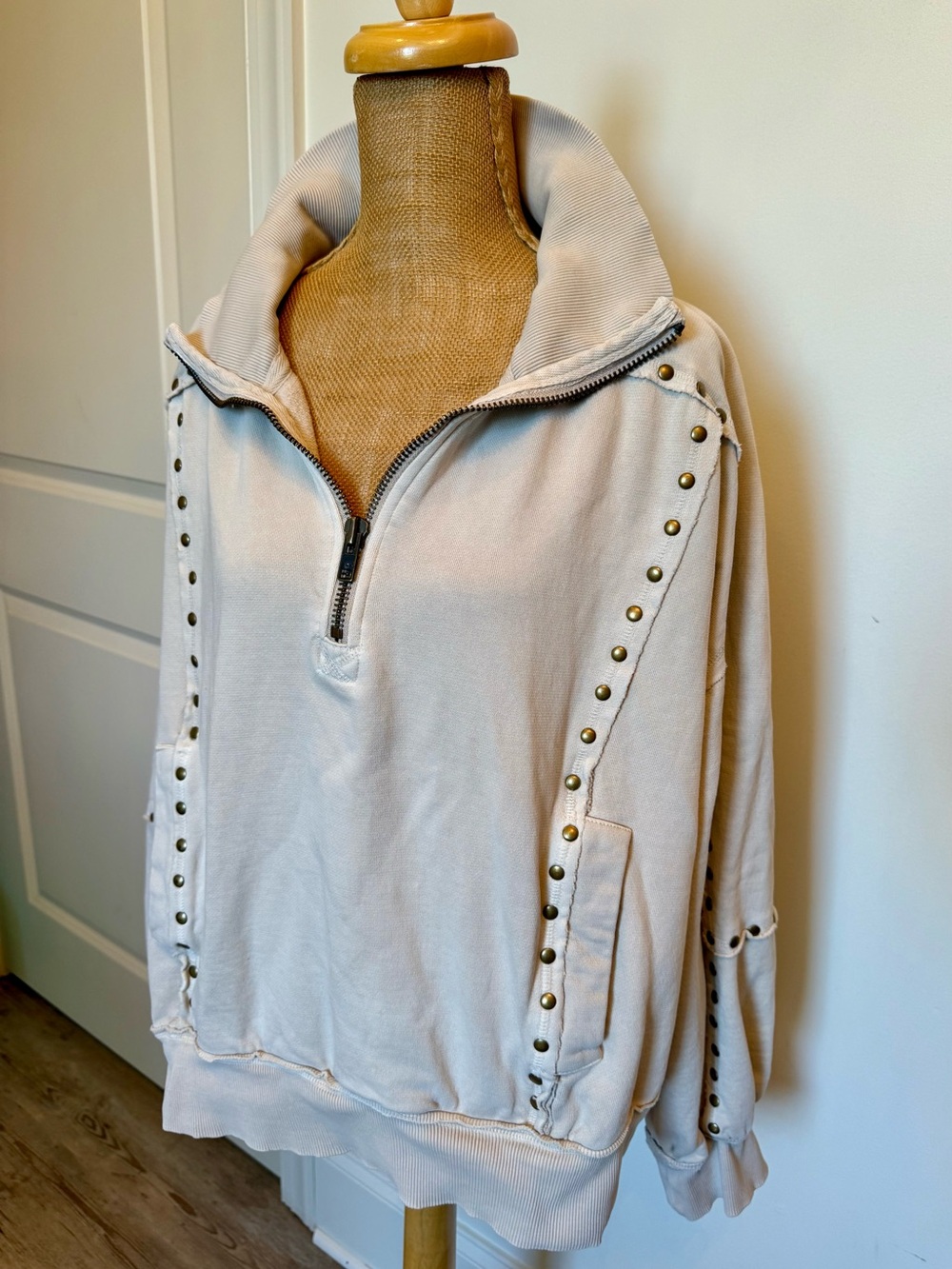Free People Women’s Stone Half-Zip Stud-Trim Pullover Sz S